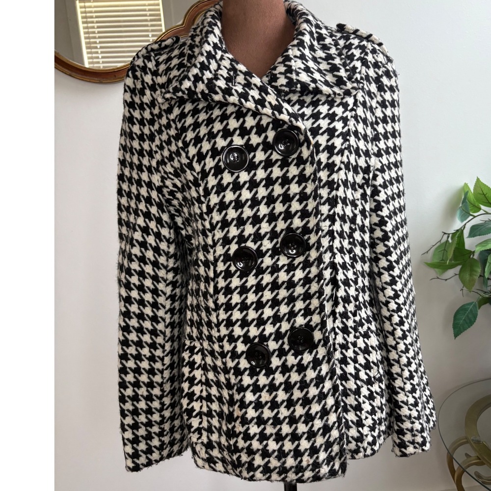 Women's Black White Houndstooth Double Breasted Pea Coat Jacket L